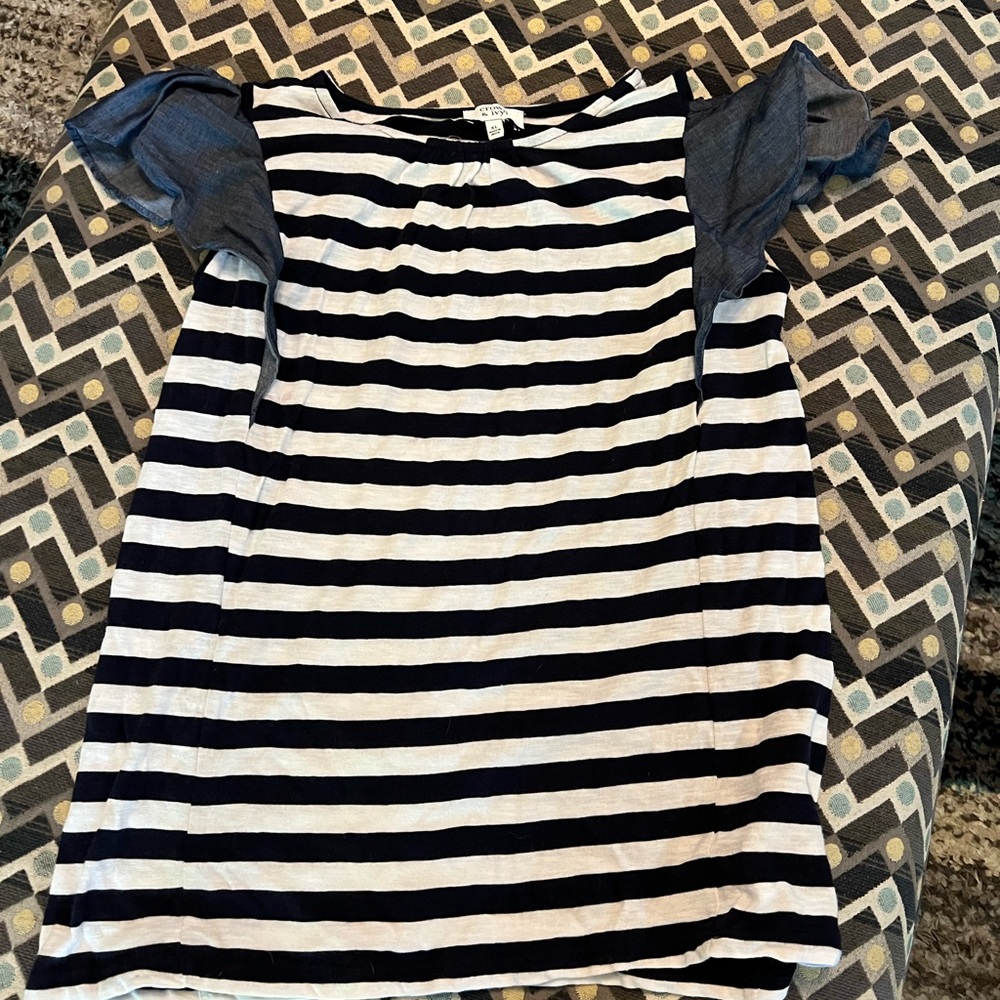 girls crown and ivy navy blue and white striped shirt with denim style sleeves